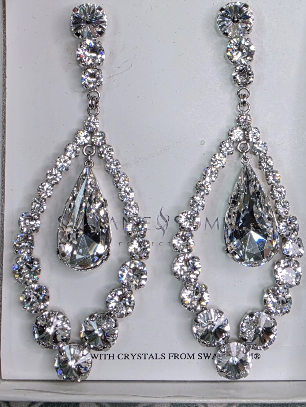 Stefanie Somers Silver Crystal Teardrop Dangle Earrings - Sparkling Clear Stones
